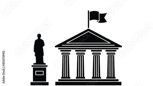A black silhouette of a classical building with columns and a statue in front
