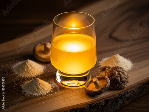 Warm golden drink with reishi mushrooms and powder on wooden board