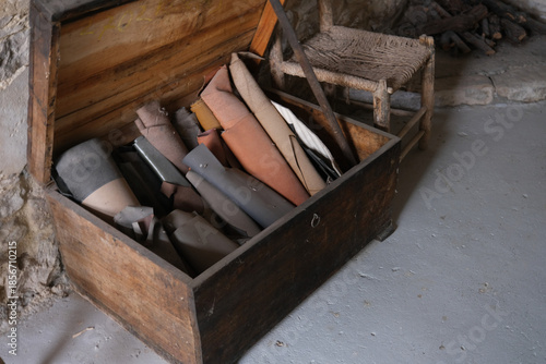 Leather Shoe Parts Stored in Old Wooden Box