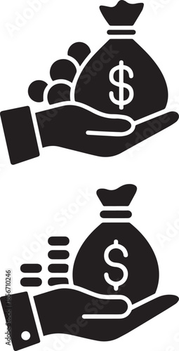Hand Holding Money Bag Icon, Financial Savings, Investment & Wealth Vector Illustration