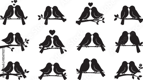 Black silhouettes of pairs of birds kissing on branches