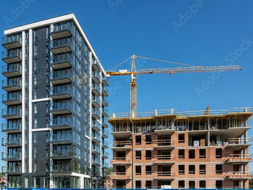 Modern high-rise building under construction with crane