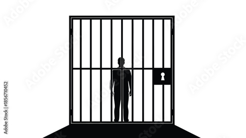 A silhouetted figure stands behind prison bars representing confinement and a sense of isolation
