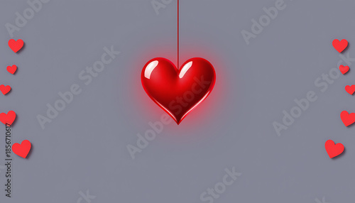 Glossy red heart hanging in the center on a gray background with small hearts on the sides representing love romance and valentines day