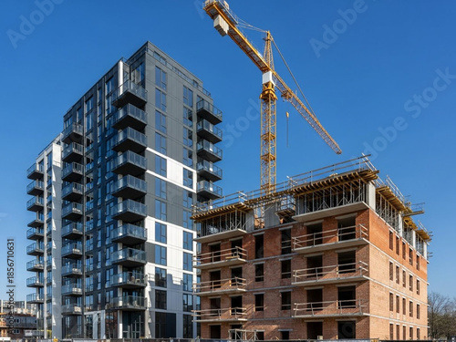 Modern apartment building under construction with crane