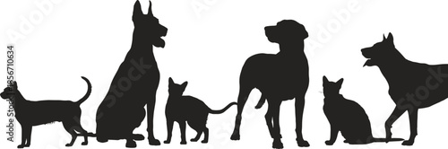 Panoramic collection of black domestic pet silhouettes featuring various dog breeds and cats isolated on white background for veterinary graphic design.