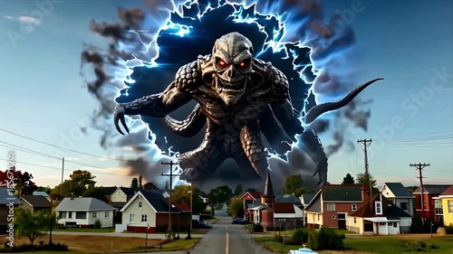 A cinematic horror shot of a massive supernatural creature appearing from another dimension above a small town. The scale, fear, and tension build a strong Stranger Things inspired epic horror