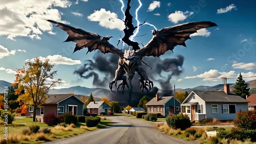 A cinematic horror shot of a massive supernatural creature appearing from another dimension above a small town. The scale, fear, and tension