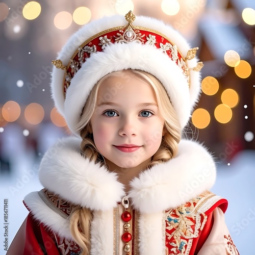 Portrait of a young girl wearing a festive winter outfit with a beautiful crown and braids in a winter scene