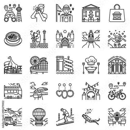 Tourist activities line icons set featuring sightseeing, adventure, culture, leisure, and recreation activities for travel guides and tourism projects.