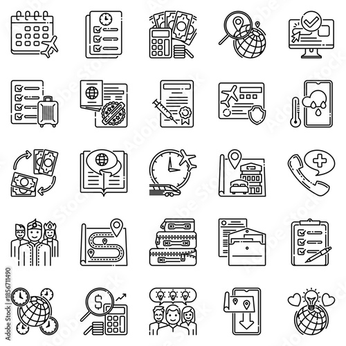 Travel planning line icons set with itinerary, booking, maps, tickets, schedule, and navigation tools for trip organization and tourism applications.