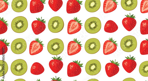 A vibrant seamless pattern featuring various illustrations of fresh kiwis and strawberries on a white background, perfect for summer designs.