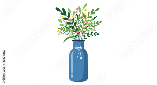 A simple illustration of vibrant green leaves and colorful wildflowers arranged in a blue vase adorned with a small white heart charm.