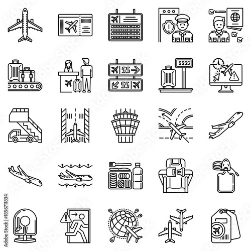 Airport and flight line icons set featuring airplanes, terminals, boarding, luggage, pilots, and aviation travel services for tourism and transport design.