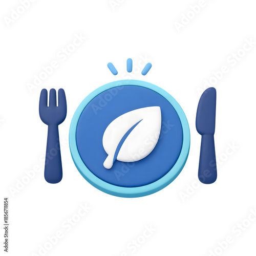 Healthy and organic plant-based meal concept featuring a glowing leaf on a blue plate isolated on transparent background