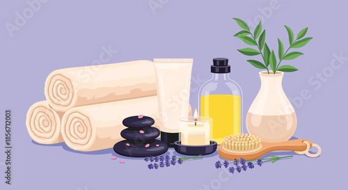 A peaceful arrangement of spa and wellness essentials, including soft rolled towels, hot massage stones, natural oil, lavender, and a body brush.