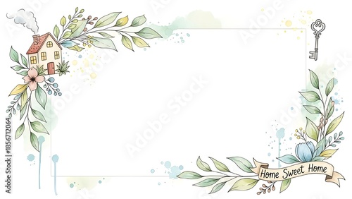 Watercolor home sweet home decorative frame with floral elements  