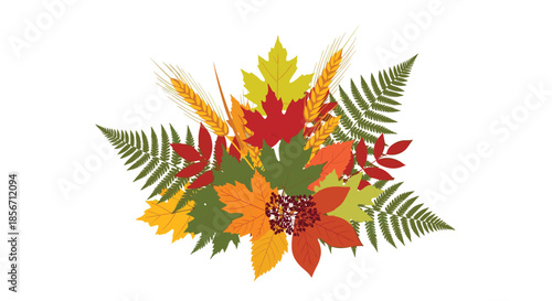 A festive autumn arrangement with a rich assortment of colorful fall leaves, golden wheat, and lush green fern fronds.