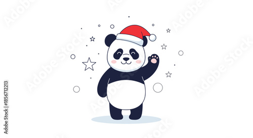Cute cartoon panda in a festive red Santa hat waves happily, surrounded by whimsical stars and circles, against a clean white background.