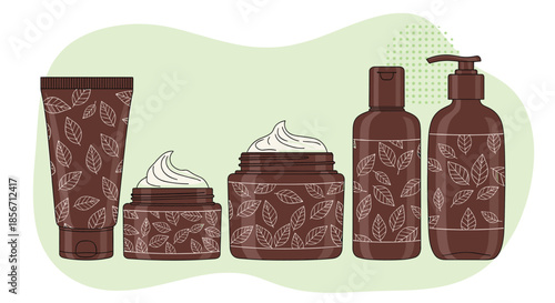 Eco-friendly brown cosmetic product set with white leaf patterns, including cream jars, a tube, and dispenser bottles for natural beauty and skincare.