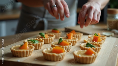 Hands preparing gourmet mini tarts with fresh ingredients on a wooden board in a kitchen setting.