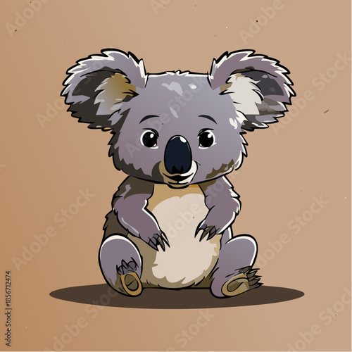 A cartoon koala sitting down with a brown background, looking at the viewer with a cute expression.
