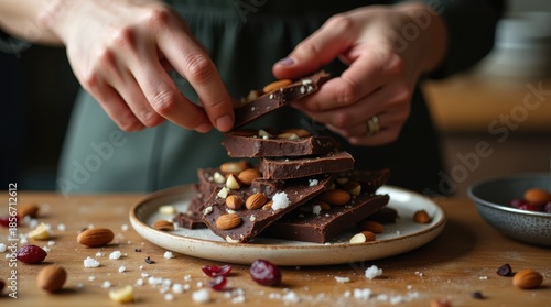 Hands arranging homemade chocolate bark with nuts and sea salt on a plate, a delicious sweet treat.