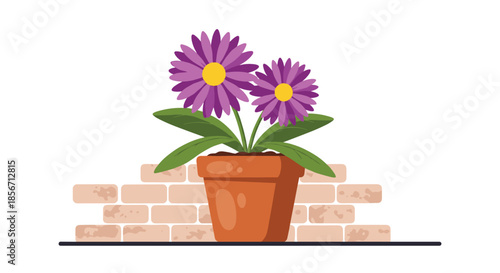 A blooming potted plant with two purple flowers and green leaves, resting on a dark shelf against a light brick wall.