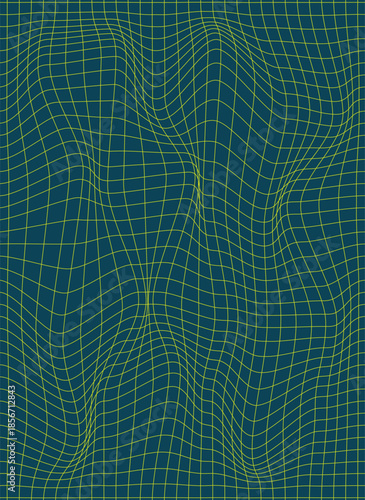 Abstract futuristic wireframe background with flowing grid mesh lines in yellow on a deep blue surface. Dynamic wave distortion creates a sense of movement, depth, and digital space. Su