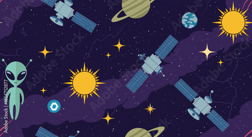 Whimsical outer space pattern featuring green aliens, communication satellites, planets, and radiant suns against a dark starry cosmic background.