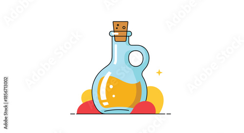 Vibrant flat design illustration of a glass bottle with a cork stopper, filled with golden yellow cooking oil, accompanied by playful abstract shapes.