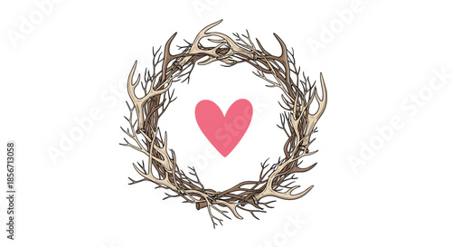 A rustic wreath made of tangled branches and shed deer antlers, encircling a vibrant pink heart, all set against a clean white background.