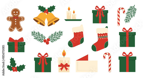 A delightful collection of classic Christmas holiday illustrations, featuring gingerbread man, gift boxes, stockings, candy canes, holly, and candles.