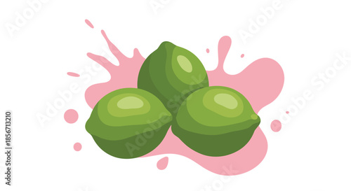 An artistic depiction of three bright green citrus fruits with energetic pink liquid splashes on a white background.