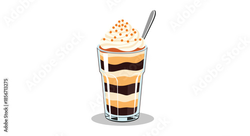 A delicious, beautifully layered parfait dessert in a tall glass, topped with whipped cream and sprinkles, with a spoon.