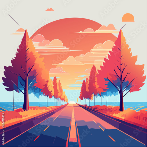 Stylized road leading to a sunset with trees lining the sides.