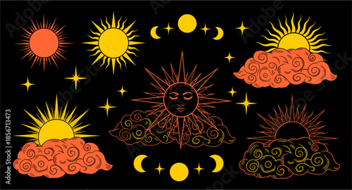 summer cloud illustration. Cheerful summer sun and clouds vector art, creating a warm and relaxing atmosphere, This design is perfect for creative projects, summer decorations or tropical themes.