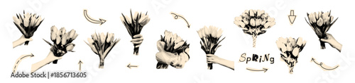 Halftone hands holding bouquets of tulips art collage cut outs set. Various paper clipping shapes, spring floral stickers with vintage dot texture. Modern retro grunge mixed media vector illustration