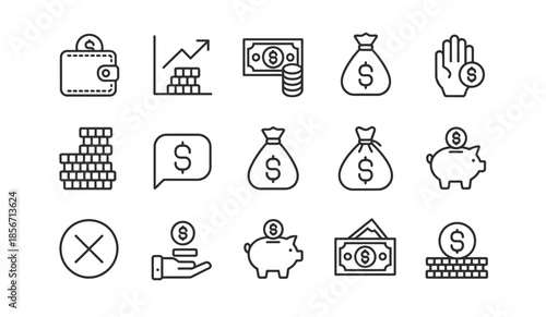 coins and money savings icon collection showing give coin actions, cash tips, and investment profit elements with financial growth charts for banking and wealth management designs.