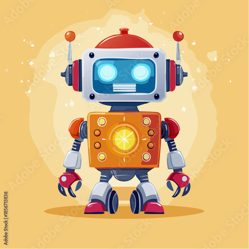Cartoon robot with a square head, orange body, and red accents standing on a yellow background.