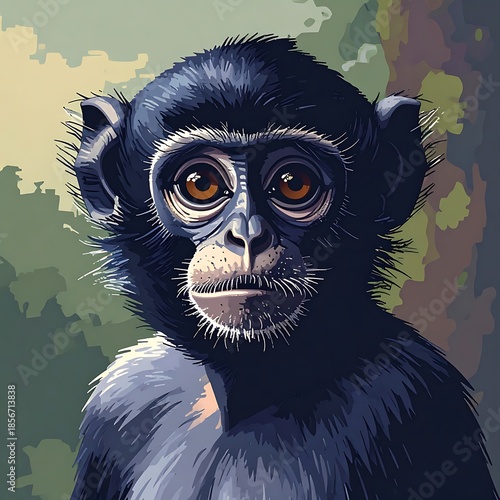 Portrait of a young monkey with large, expressive eyes against a blurred background of foliage