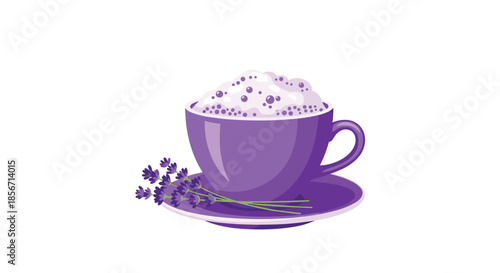 An artistic depiction of a warm lavender latte with frothy foam in a vibrant purple teacup, garnished with aromatic lavender sprigs.
