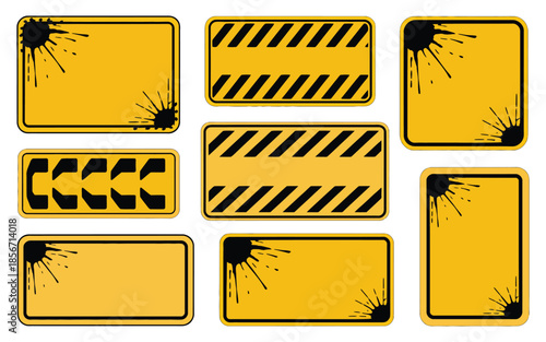 Warning sign yellow illustration, black hazard stripes with grunge texture design on white background for safety alert concept.