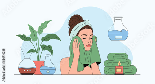 Woman with a head towel gently cleansing her face, surrounded by plants, diffusers, and fresh towels for a relaxing self-care and spa experience.