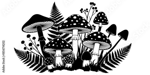 Cottagecore Mushroom Fern Forest Vector Silhouette