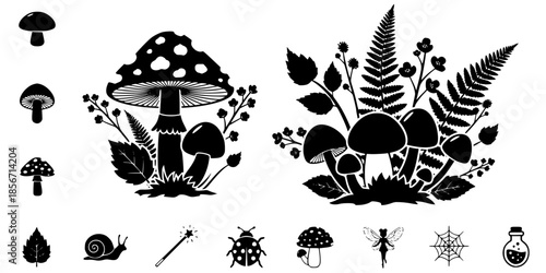 Cottagecore Mushroom Fern Forest Vector Silhouette