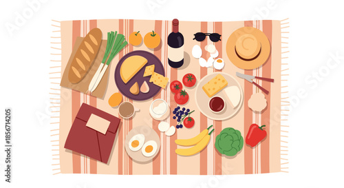 A delightful overhead view of a diverse picnic spread on a striped blanket, featuring fresh produce, cheeses, wine, and leisure items.