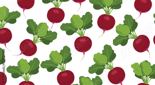 A vibrant seamless pattern featuring fresh red radishes with green leaves on a crisp white background, perfect for healthy food and garden themes.
