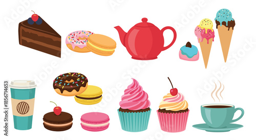 A delightful collection of sweet treats and warm beverages, including colorful donuts, macarons, cupcakes, ice cream cones, and coffee cups.