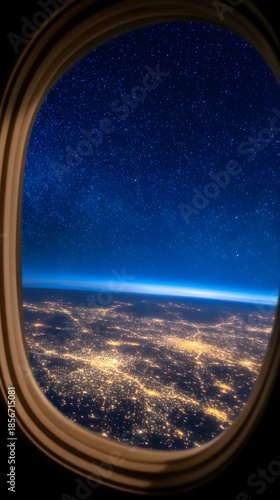 Aerial Night View Through Airplane Window